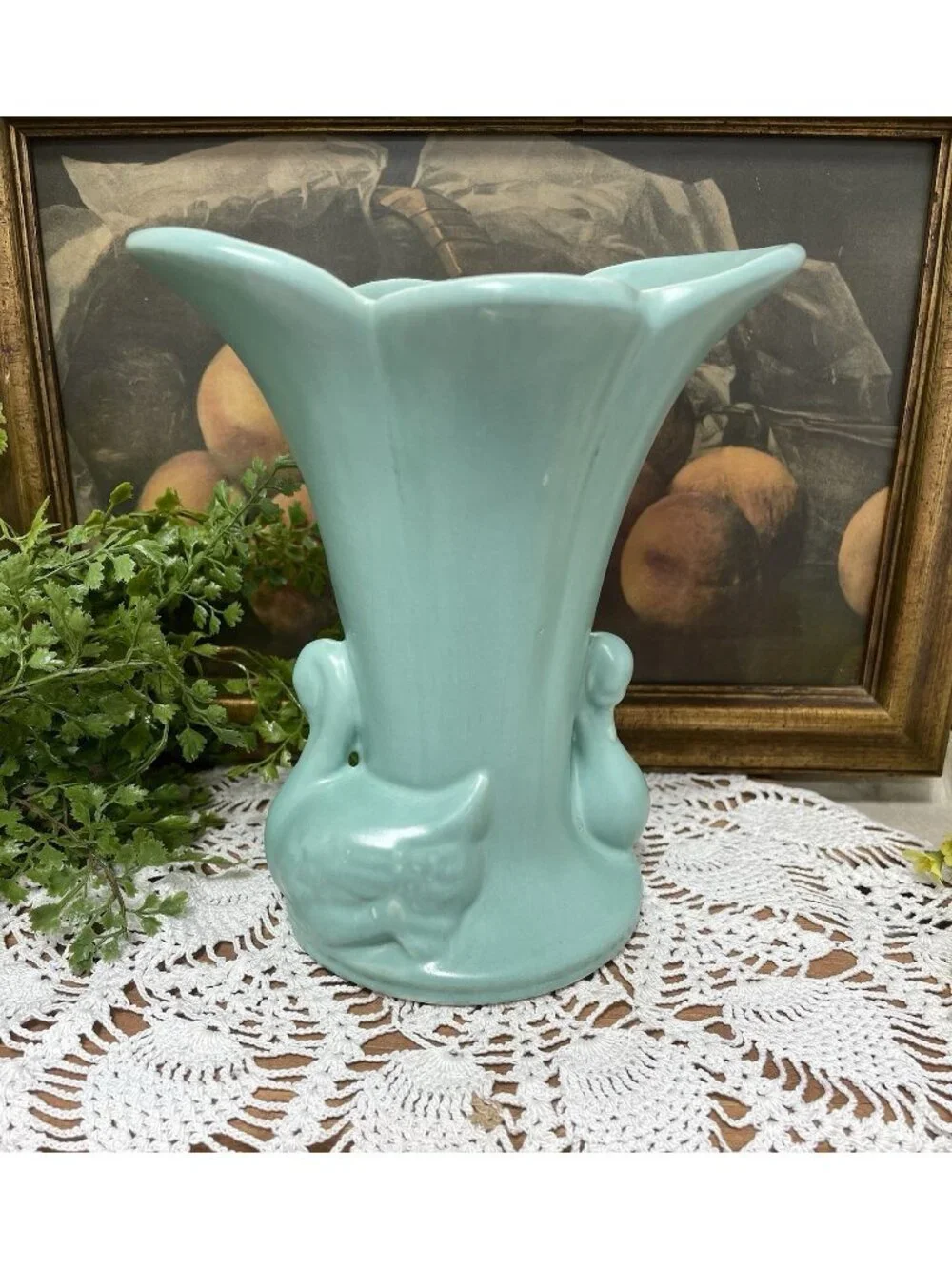 Green Blue Double Swan Pottery Vase Mid Century Modern Beautiful Soft Teal Color
